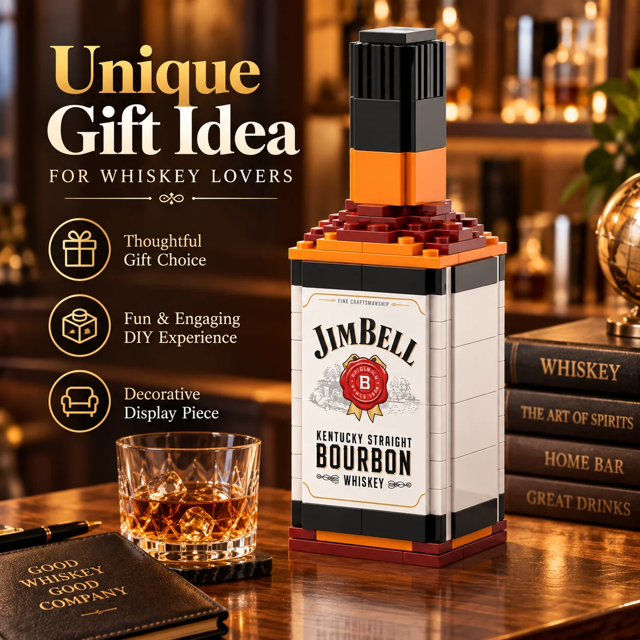 Bourbon Whiskey Bottle MOC Building Blocks Set, Wine Bottle Model Desktop Ornament, Home Bar Table Decor, Collectible