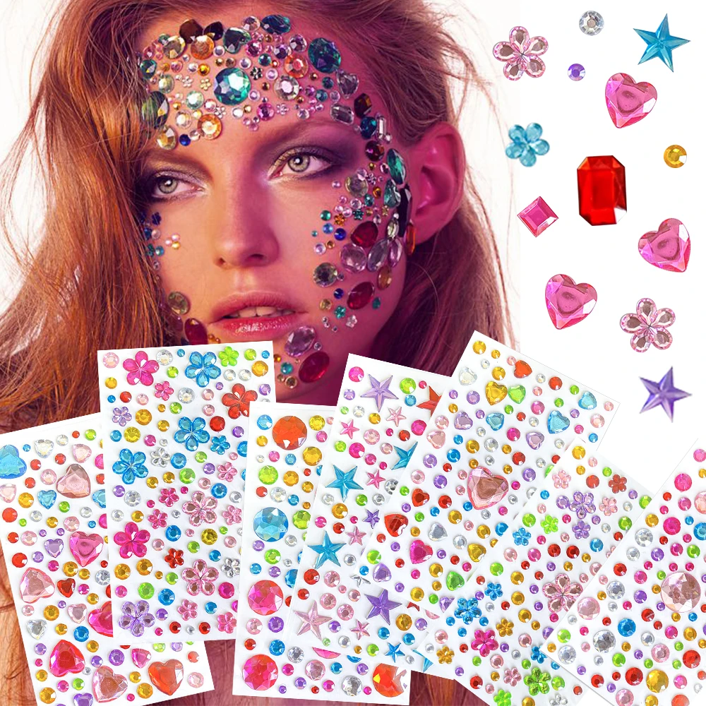 1Pc 3D Face Body Jewel Tattoo Stickers Multi‑Shape Shiny Crystal Rhinestone Waterproof Charms For Cosplay Club Bar Holiday Party