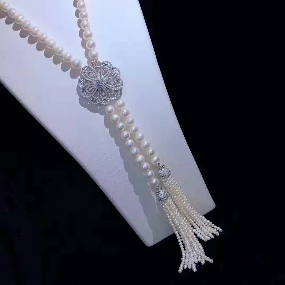 

Hand knotted 8-9mm white freshwater pearl micro inlay zircon accessories tassels sweater necklace long 70+15cm