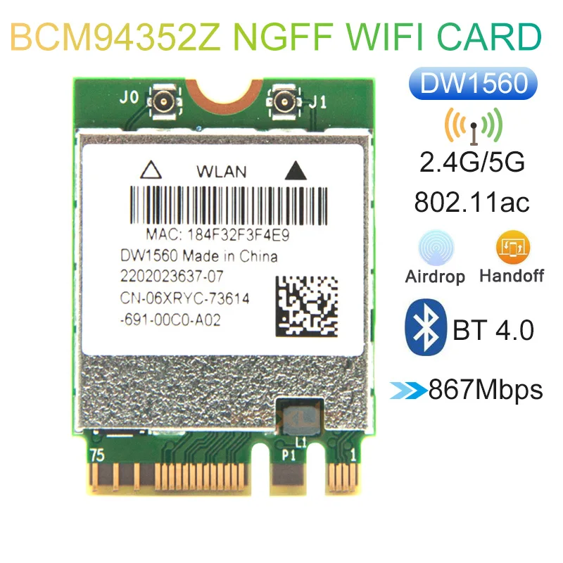 BCM94352Z DW1560 M.2 Wifi Adapter Wireless Card 1200Mbps 802.11Ac 2.4Ghz/5G Bluetooth 4.0 NGFF Card For Mac OS