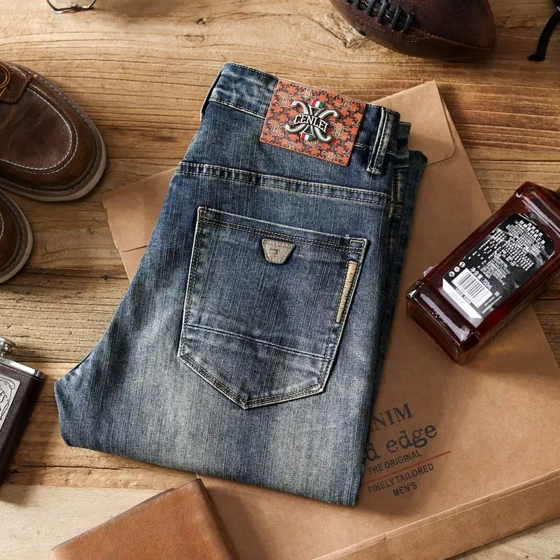 

2025 New High-quality Fashion Casual Cotton Business Blue Baggy Denim Pants Male Straight Trousers Men's Stretch Regular Jeans