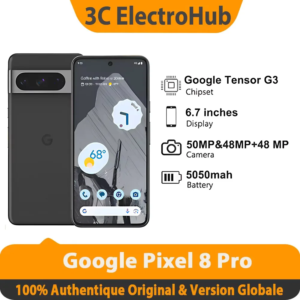 Google Pixel 8 Pro, Google Tensor G3, 6.7 pouces, 50 MP et 48 MP, OLED 120 Hz, IP68 / résistant à l'eau, 5050 mAh, 5G