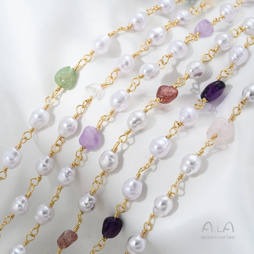 

14-каратное золотого цвета, натуральный аметист особой формы, клубничный кристалл, имитация жемчуга, цепочка, браслет «сделай сам», ювелирные изделия ручной работы, свободный чай