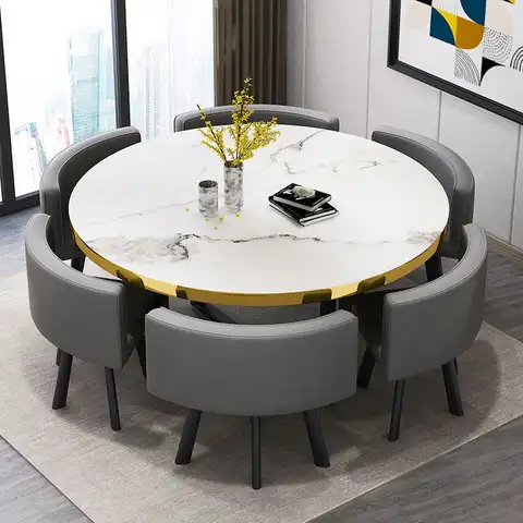 Solid wood dining table and chair combination simple modern household round rock slab dining table Nordic small apartment 6 peop