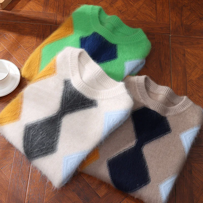 2025 Mink Cashmere Sweater O-neck Pullovers Men's Loose Oversized S-3XL Knitted Bottom Shirt Autumn Winter New Casual Men Tops