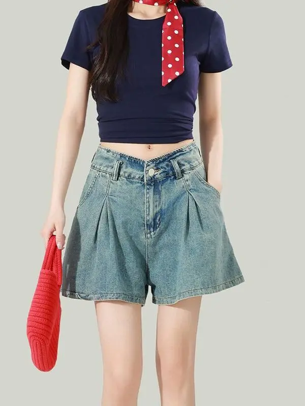 Neutral High Waist A-Line Denim Shorts Women's Spring Summer New Loose Casual Pleated Blue Jeans Female Fashion Trend