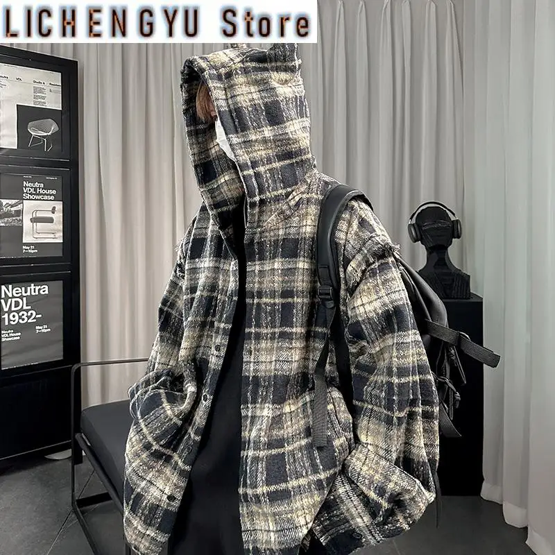 

Men's Niche High-end Hooded Versatile Casual Style Jackets with A Touch of Little Devil Design Sense of Checkered Unisex Jackets