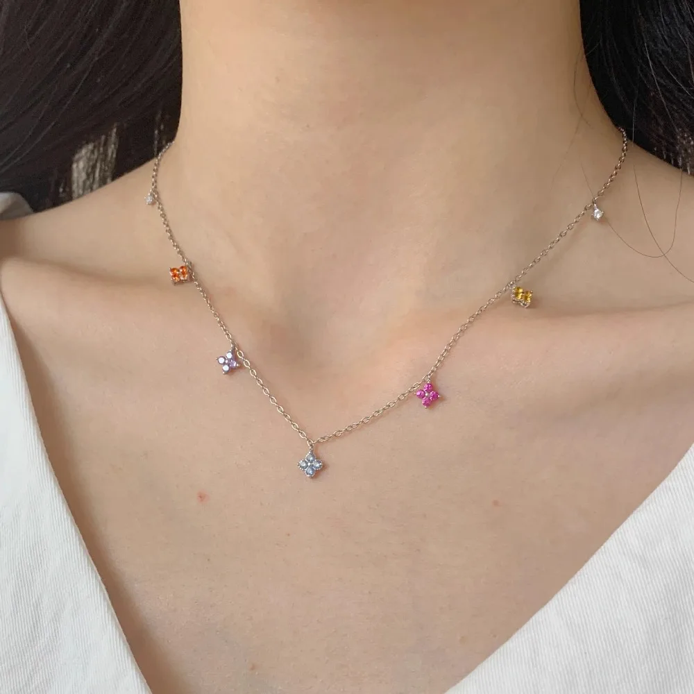

CCFJOYAS 925 Sterling Silver Mini Colorful Zircon Flower Pendant Necklace Women French Elegant Light Luxury Lucky Necklace Gift
