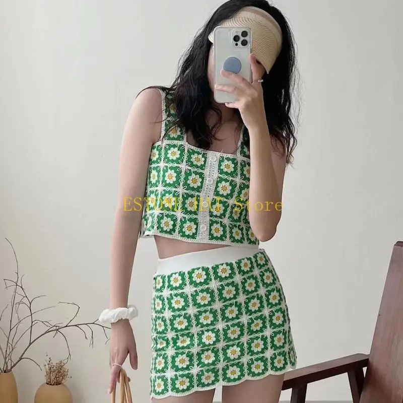 49MF Conjunto piezas Boho Camis Falda Crochet Calado para camisetas sin mangas Ropa calle Mujer G