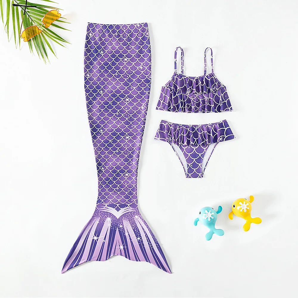 New 3Piece Girls Mermaid Swimsuit Shiny Purple Mermaid Tail Skirt and Princess Split Bikini Sets 5-14 Years Summer Beachwear