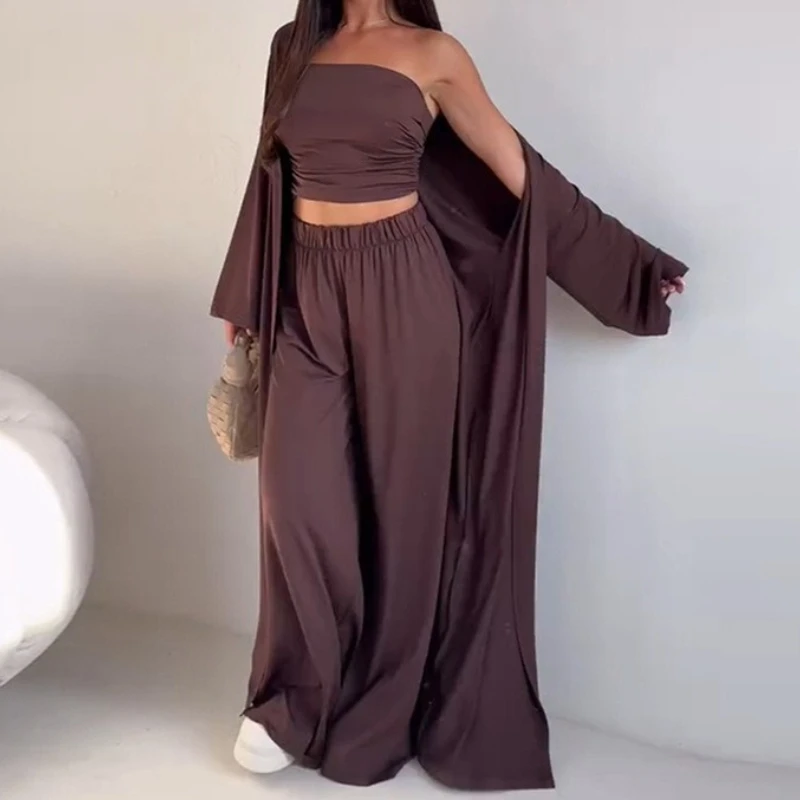 

Женская одежда, новый повседневный укороченный топ без рукавов из трех предметов, длинный кардиган, эластичные широкие брюки, женский костюм, женская одежда