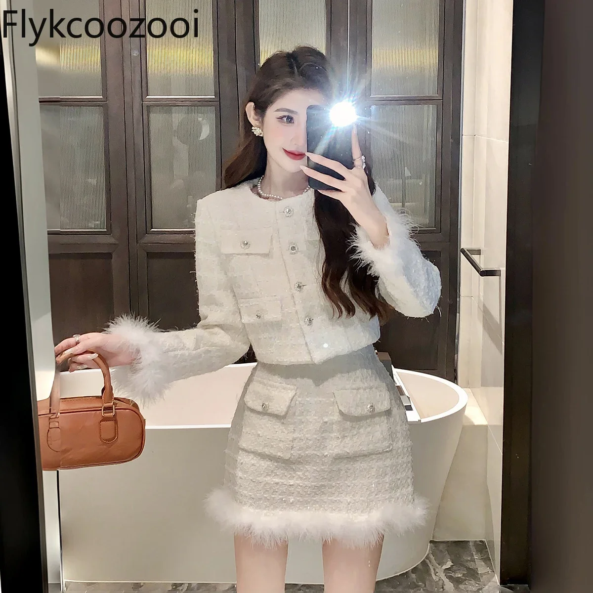 Fashion Roupas Femininas Conjuntos Stocked Available Premium Elegant Flash Tweed Suit for Women Female Blazer Sets with Skirt