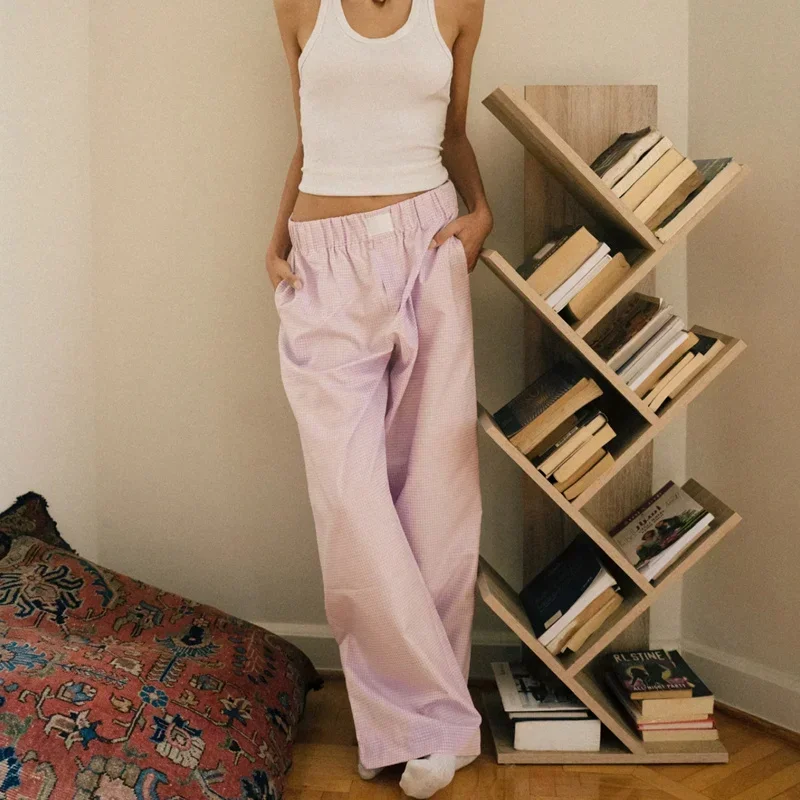 Pantalon à carreaux taille haute élastique pour femme, jambe large, vêtements de détente des années 2024, mode estivale, fjwith Pockets, Y2K, 2000