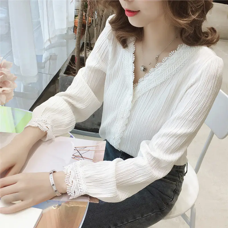 V-Neck Striped Lace White Chiffon Shirt 2022 Spring Summer New Fashion Blouse Long Sleeve Casual Shirt for Female Elegant Shirt