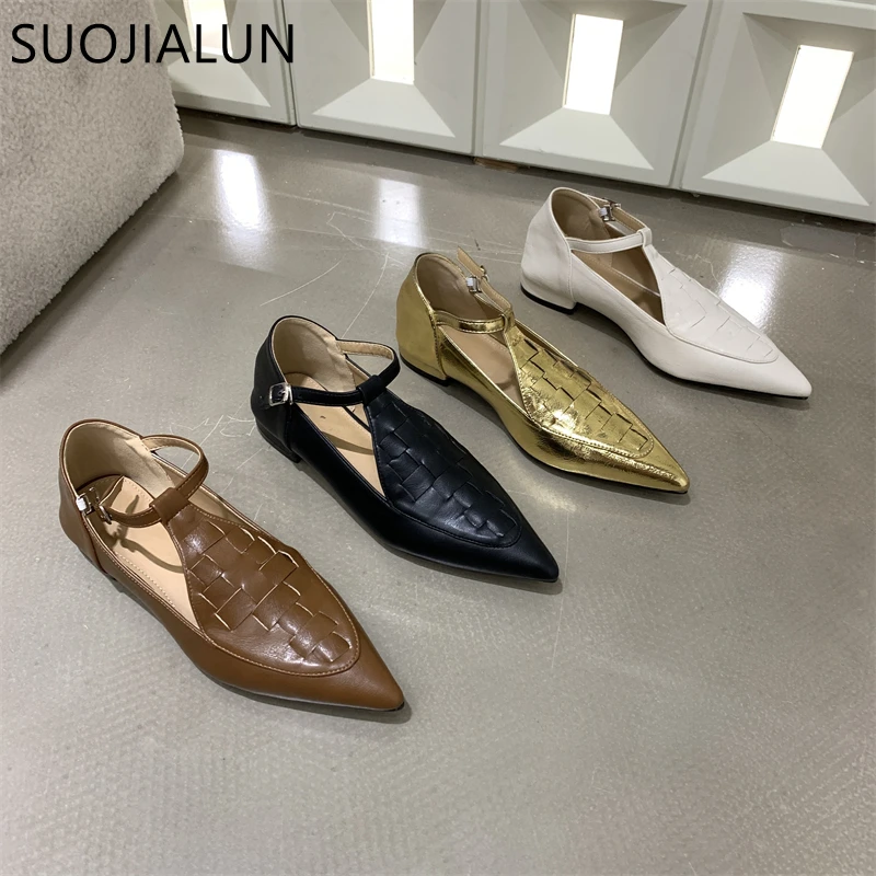 SUOJIALUN Autumn New Brand Women Flat Shoes Fashion Pointed Toe Weave Ladies Casual Britainty Style Shoes Flat Heel Laofer Shoes