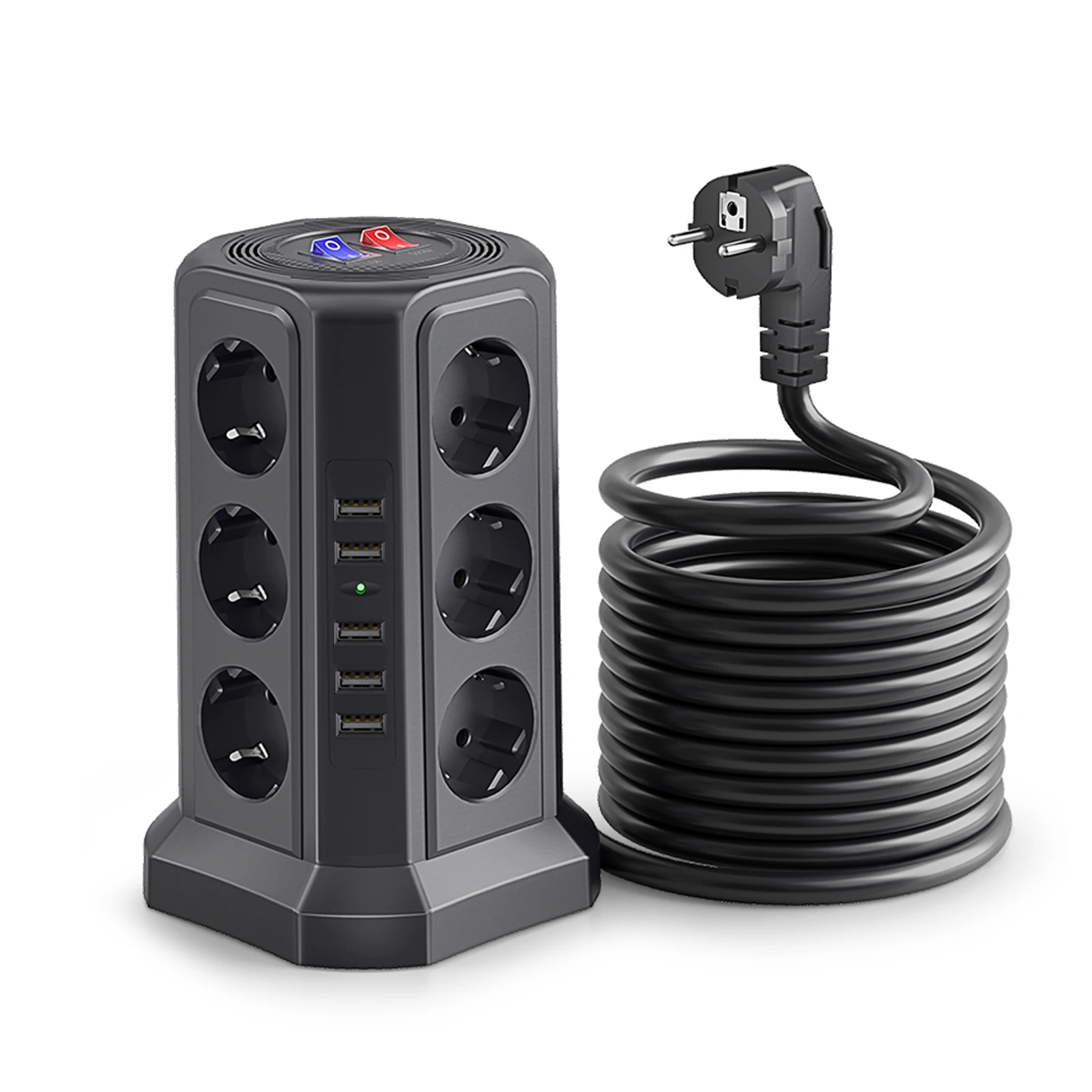 Euro Standard multi-socket (2500W/10A), 12 sockets and 5 USB ports with 1.8M extension cable, suitable for home and office