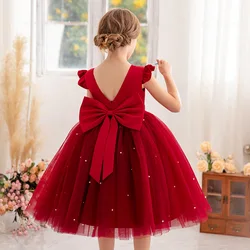 Little Big Girls V Backless Flutter Sleeves Bowknot Flower Girl Birthday Party Dress