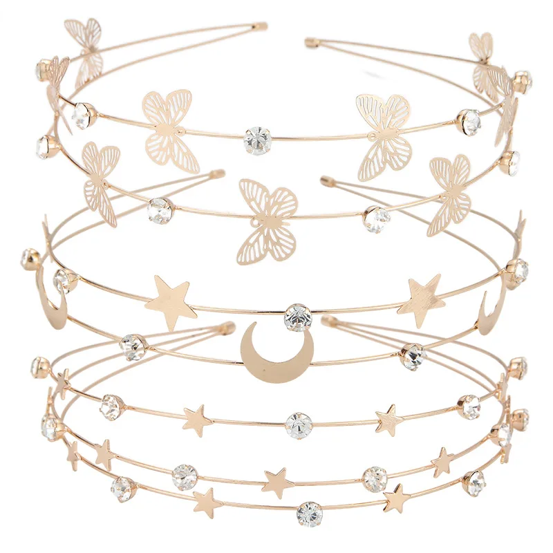 New Multi-layer Metal Star Moon Crystal Headband Female Butterfly Hair Accessories Children Headwear Double Headband Wholesale