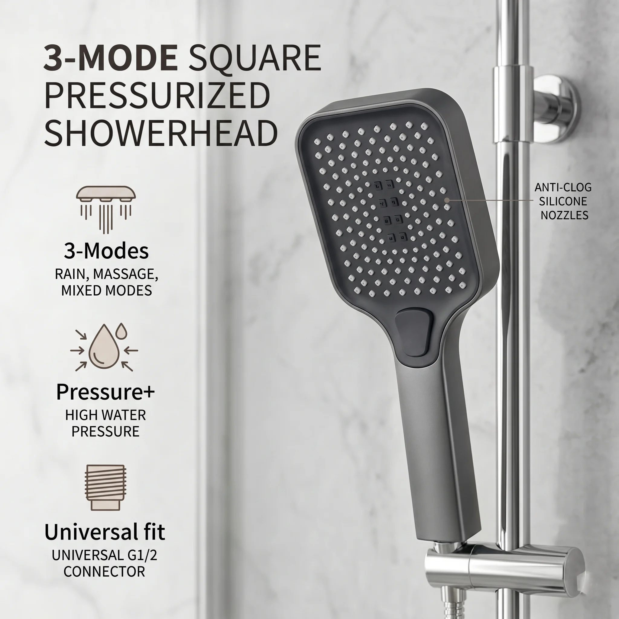 

High Pressure Handheld Square Shower Head, 3-Mode Water Saving SPA Spray, Anti-Clog Silicone Nozzles, Easy Install, Super Boost