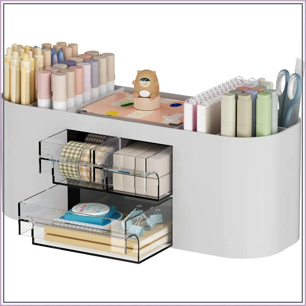 3-Drawer Desk Organizer Pen Holder, 7 Compartments Pencil Caddy for Home Office School Classroom, Grey