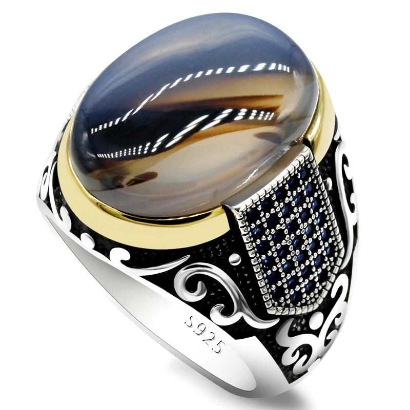 

Trendy Gold Sterling Silver Rings For Women Men Antique Turkish Natural Agate Stone Ring Zircon Ring Men's Punk Rock Jewelry