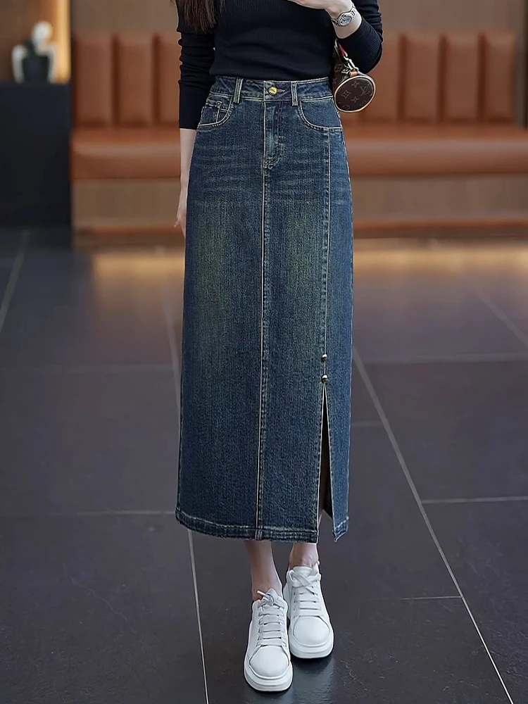 

High Waist A-Line Denim Skirt Women's Spring Autumn New Style Slimming Long Split Skirt Commute Korean Style Cotton Blend