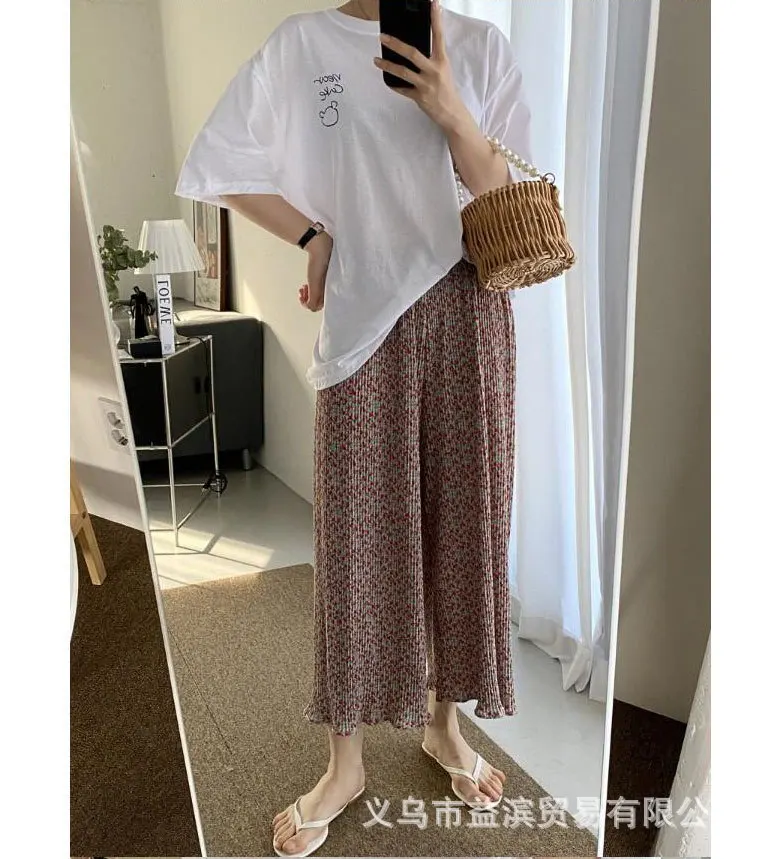 Ice Silk Wide Leg Pants Women's Spring Summer Thin High Waist Draped Pleated Lazy Style Floral Home Casual Sleepwear Pants