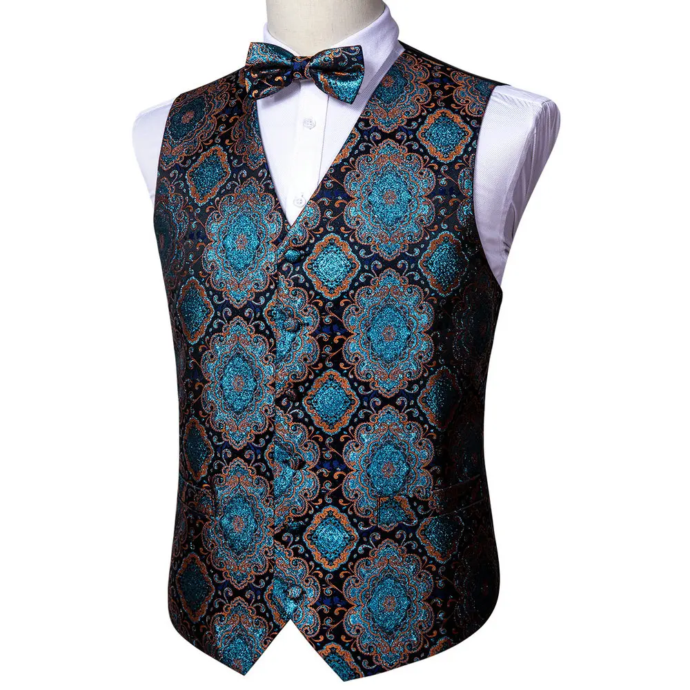 Blue Floral Silk Vest Waistcoat Men Suit Vest Silver Butterfly Handkerchief Cufflinks BowTie Vest Barry.Wang Business Design