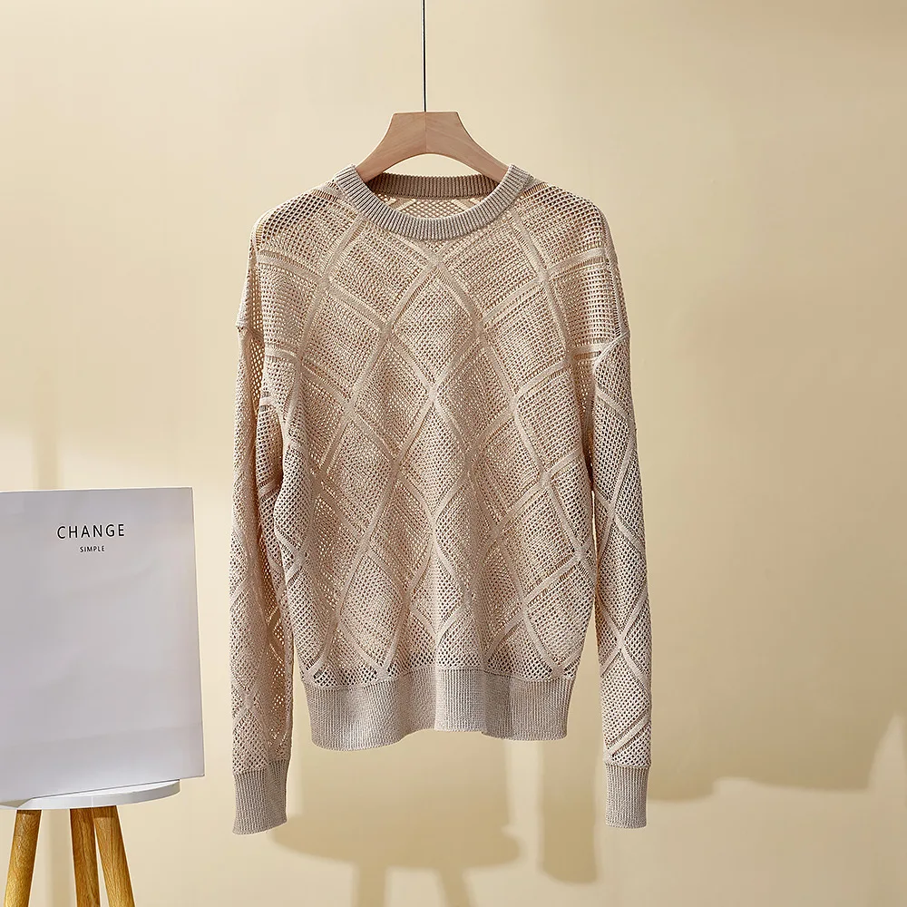 

Spring and Summer New Round Neck Top All-match Rhombic Hollow Knitted Top for Women