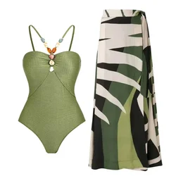 2024 Stones Beaded Cutout One Piece Swimsuit and Skirt Summer Swimwear Women Beachwear  Clearance Wholesale