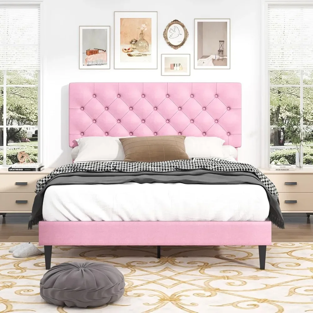 Full Size Bed Frame with Adjustable Button Tufted Headboard, Wooden Slats Support, Fabric Upholstered Platform Bed Frame