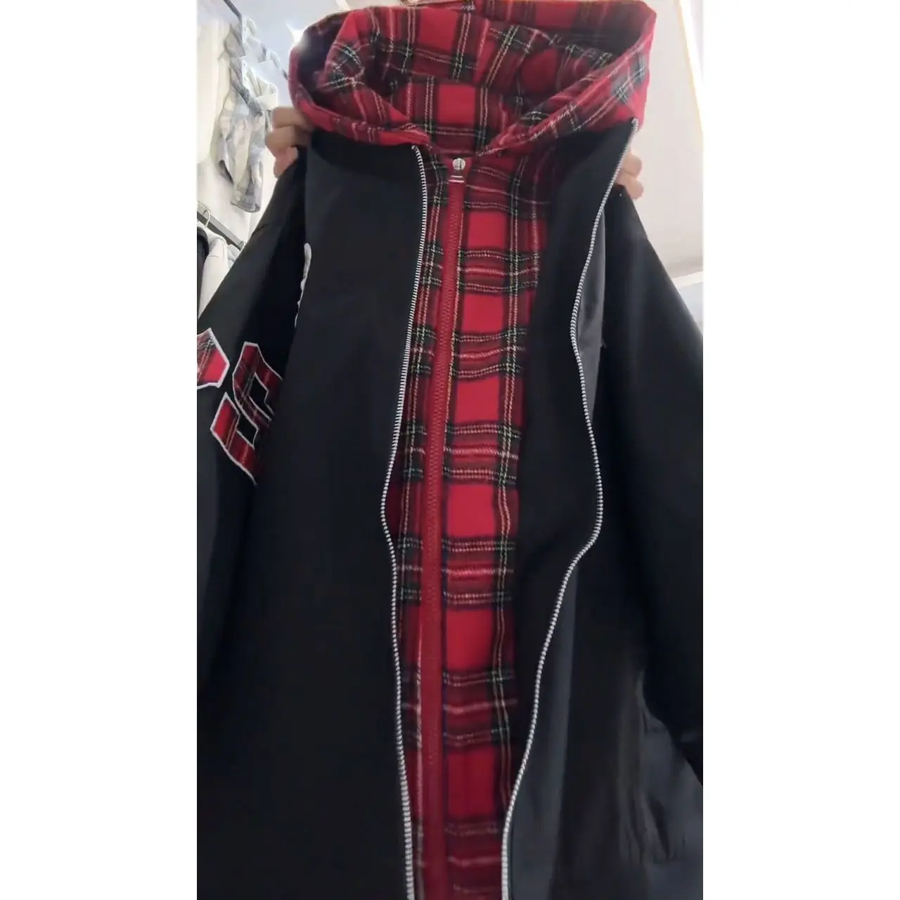 Oversized Hooded Bomber Jackets Harajuku Plaid Patch Fake 2 Piece Baseball Jacket Embroidery American Retro Autumn Coats Couples
