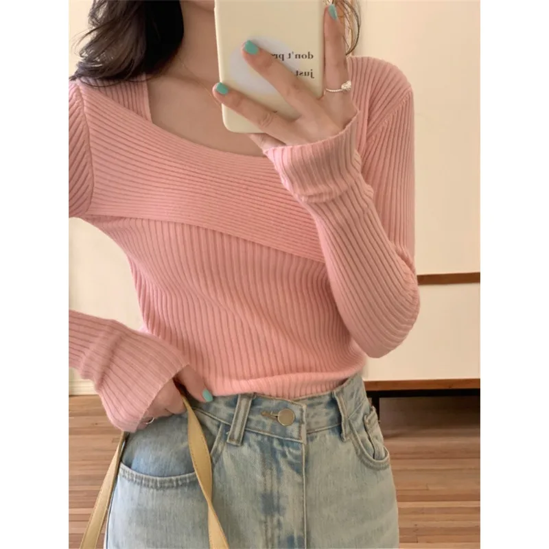 Slim-Fit Women Jumpers Gentle Spring Fall Solid New 2024 Full Sleeve Sexy Casual Knitted Pullovers Office Lady Bottoming N190