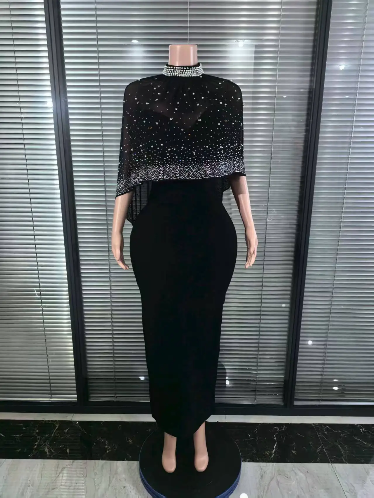 2 Piece Outfit Zipper Back Slit Slim Strapless Maxi Dress Rhinestone & Pearls Decor High Neck Zipper Back Sheer Mesh Poncho Cape