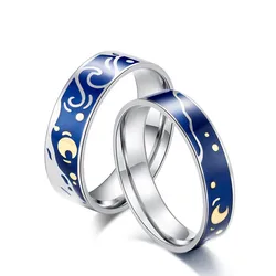 Van Gogh The Starry Night Enamel Couple Rings Stainless Steel Wedding Band Ring for Women Men Size 5-11