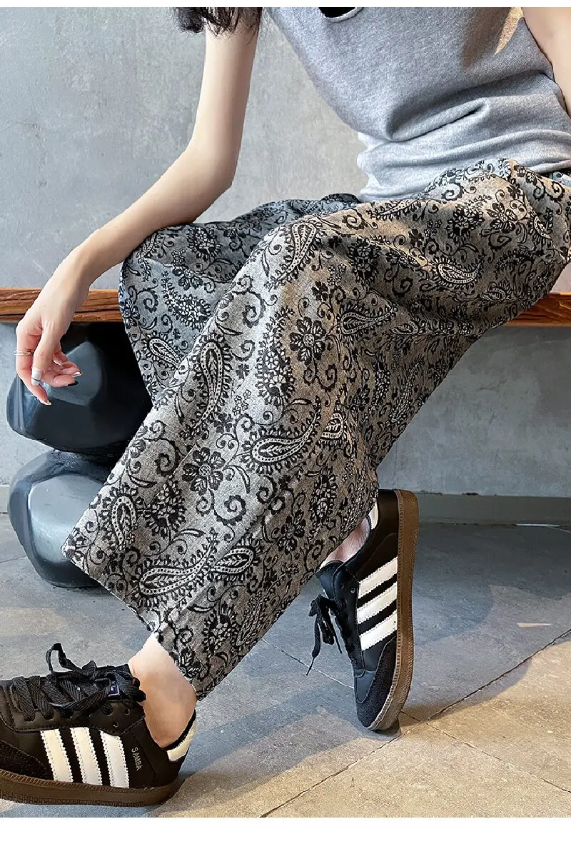 Cotton and Linen Jacquard Wide-Leg Pants, 2025 Summer Women's Linen Trousers, Lazy Style Cropped Pants