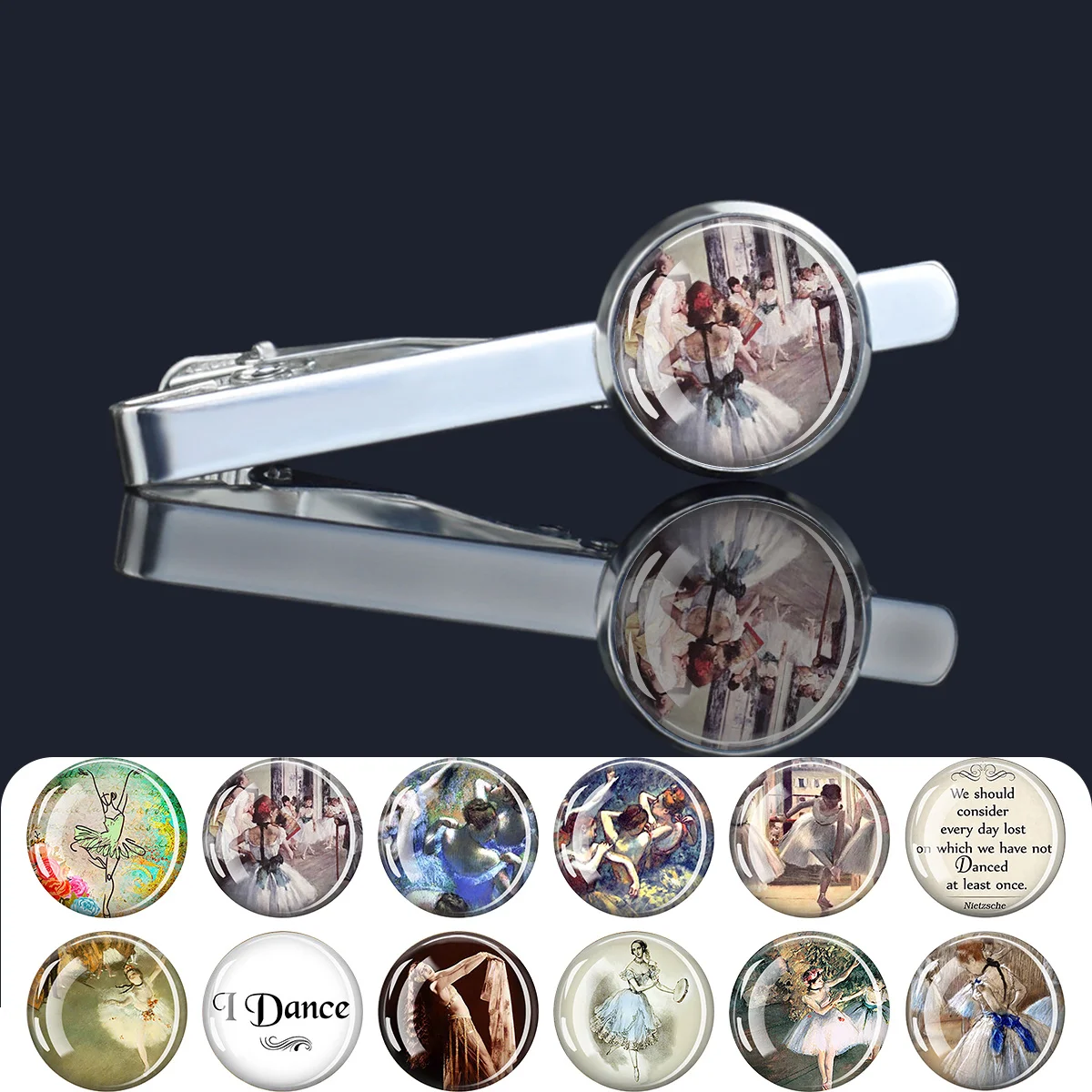 1PC Dance Themed Ballet Dancer Pattern Tie Clip Exquisite Fashionable Circular Tie Clip Dome Glass Convex Accessories Gifts