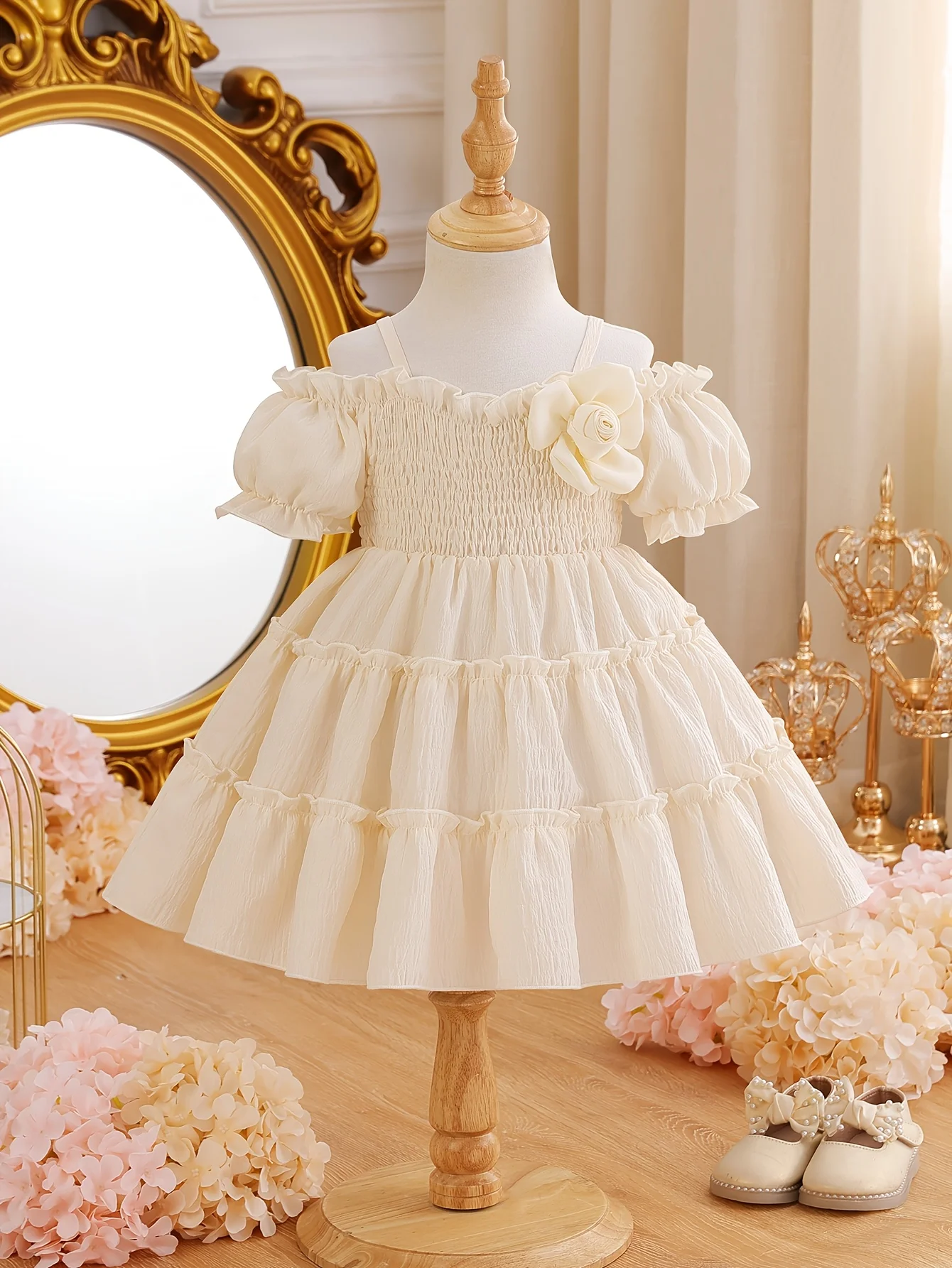 

Elegant Baby Girl Tiered Ruffle Dress (Off-Shoulder + 3D Flower): Ideal for Parties, Valentine & Birthday Gift