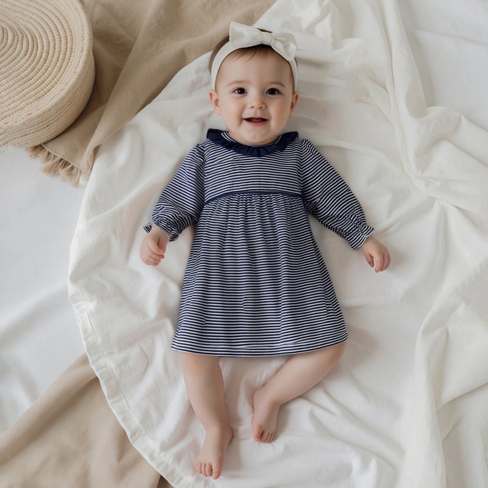 

Осенняя одежда для малышей, осеннее платье трапециевидной формы для девочек, платье в полоску с принтом, оборками, круглым вырезом и длинными рукавами