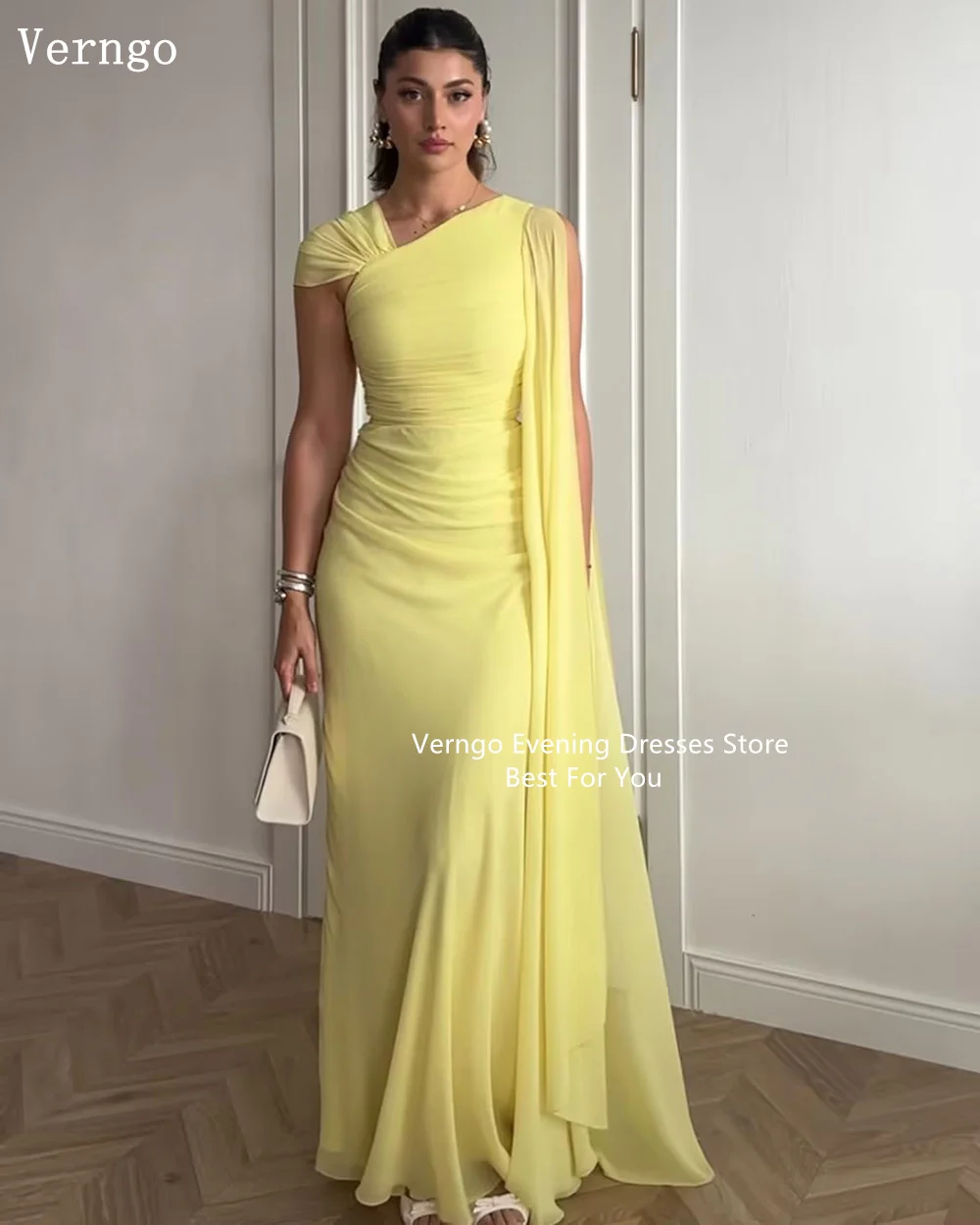 Verngo Abito da sera in chiffon giallo chiaro Semplice abito da ballo formale con linea A Abito da ballo elegante senza maniche da donna