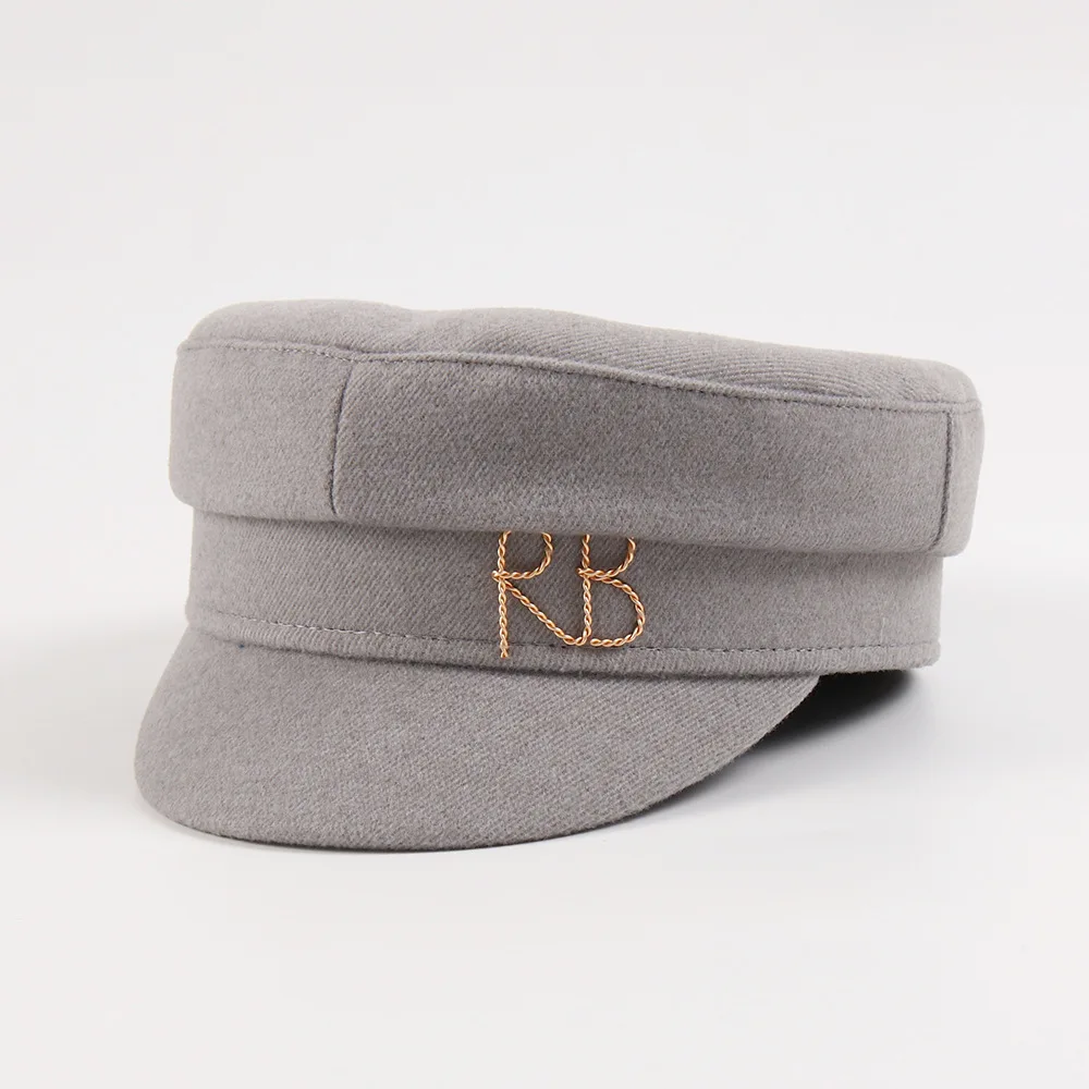 Brand Designer Autumn Winter  Newsboy Caps Metal letter Decorated  Flat Wool Caps