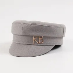 Brand Designer Autumn Winter  Newsboy Caps Metal letter Decorated  Flat Wool Caps