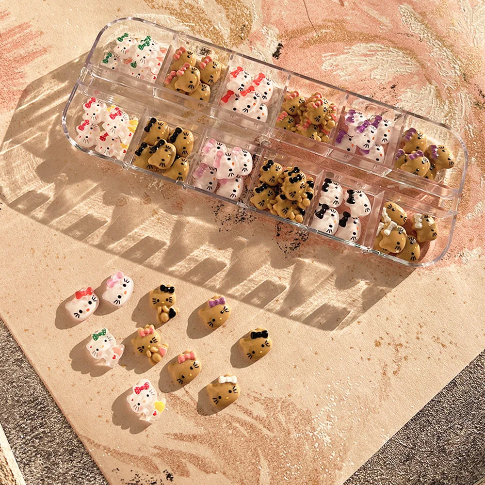 12 Siatek Czarne Kokardki Brązowe Ozdoby do Paznokci Hello Kitty 3D Mieszane Główki Kotków Jesień Zima Akcesoria Hello Kitty Dekoracje do Paznokci