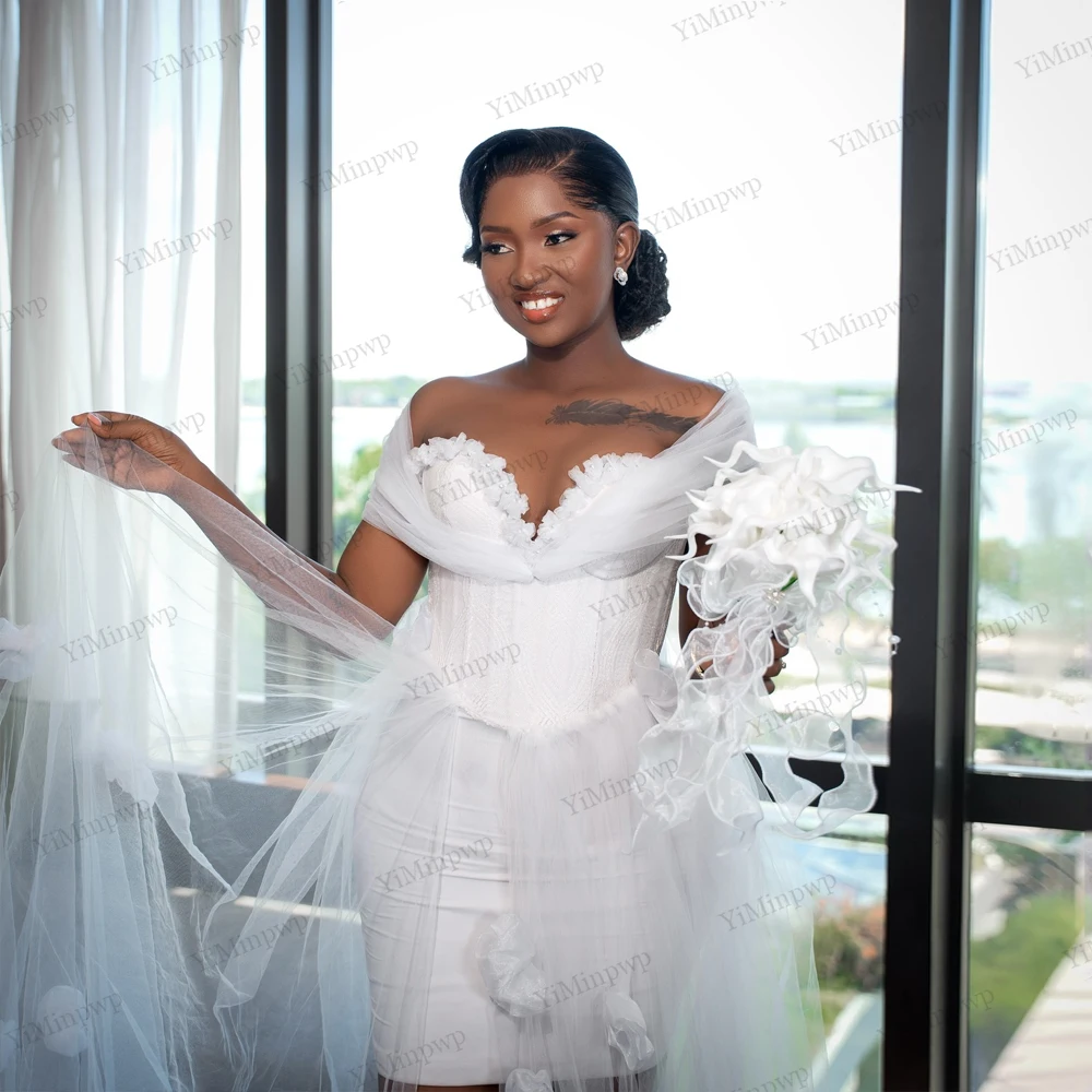 Flowers Africa Wedding Shower Dresses Straight Off Shoulder Tulle Ivory Bride Robes Above Knee Bridal Shower Dress Customized
