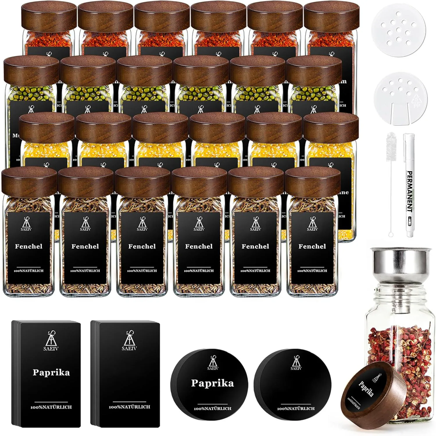 Vierkante kruidenpot met palissander deksel |   Glazen kruidencontainer van 120 ml |   12/24/35-delige kruidenpotjesset met etiketten