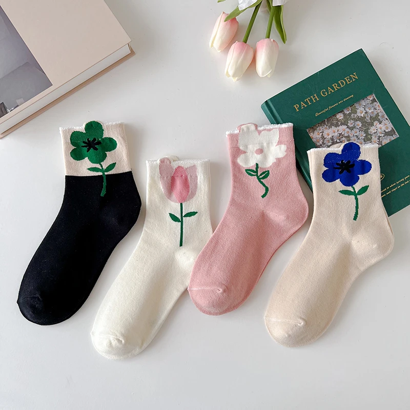 Japanese Korean Style Women Crew Socks Spring Autumn Candy Color Cute Cartoon Flower Harajuku Kawaii Casual Floral Mid Tube Sock