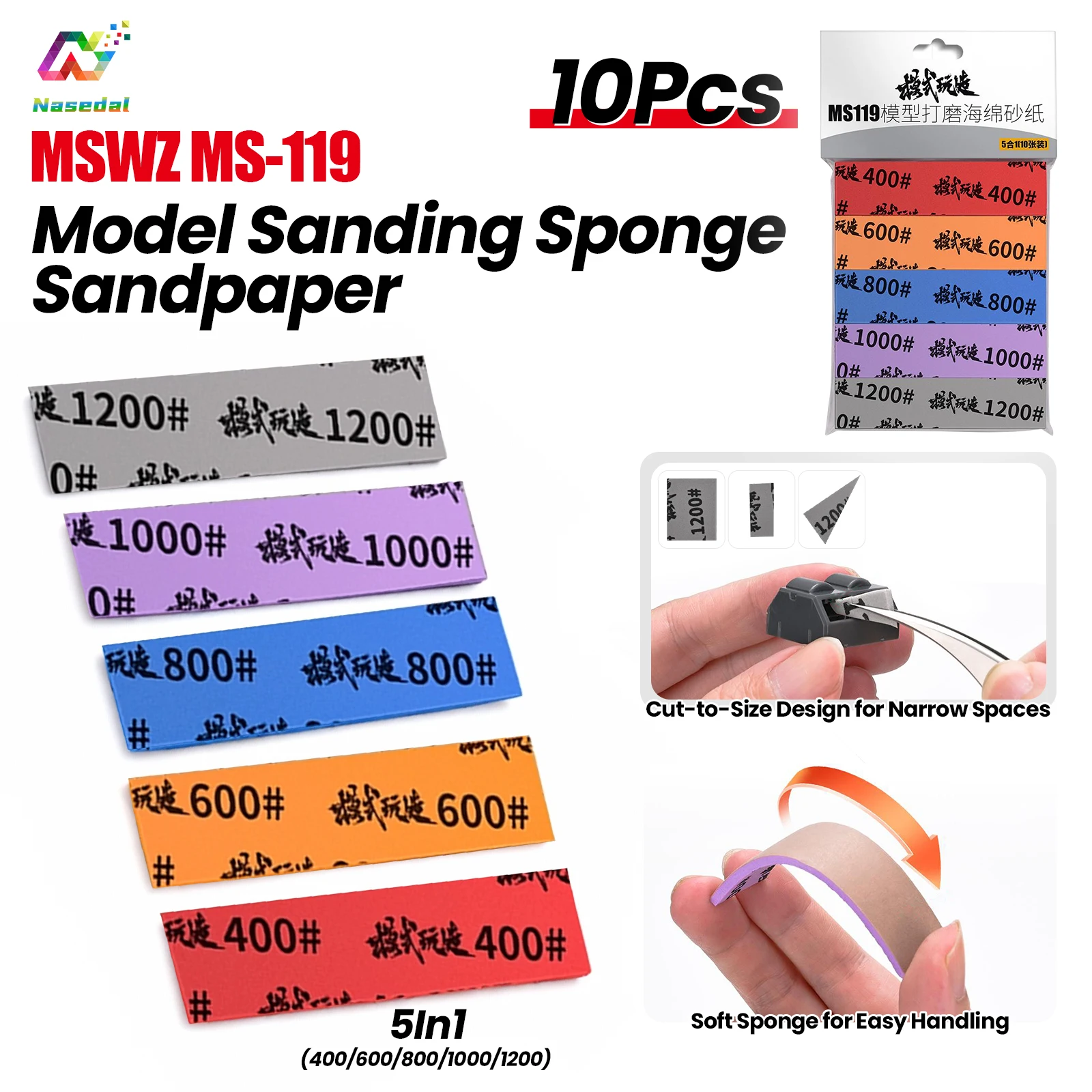 10Pcs MSWZ MS-119 3mm Sanding Sponge Set 400-1200 Grit for Gundam Military Model & Figure Fine Polishing DIY Craft Hand Tools