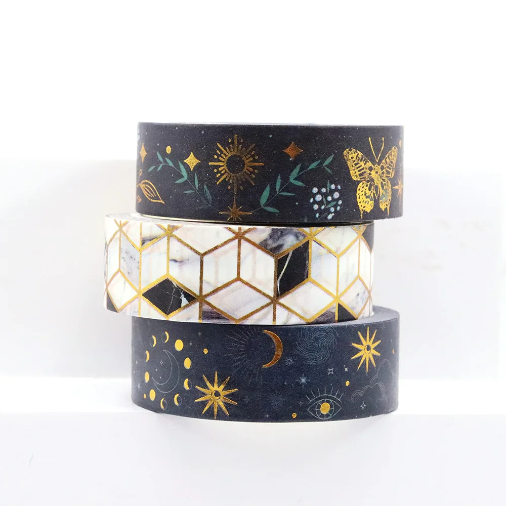 10PCS 15mm x 10m Gold Foil Butterfly Floral Moon Designs Colourful tape Sticky Adhesive Stationery Office Supplies Washi Tape