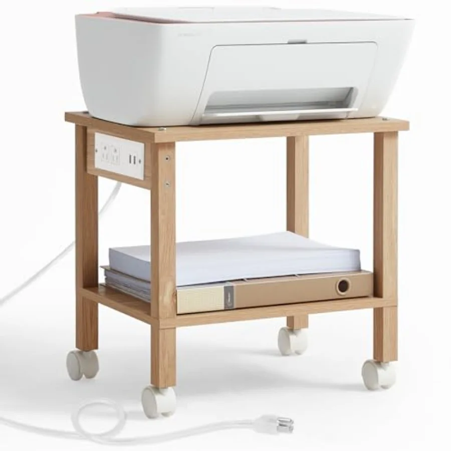 2 Tier Under Desk Printer Stand with Charging Station, Natural en Small Printer Table for Home Office, Rolling Printer Cart She