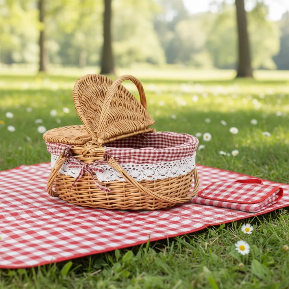 

Vintage Wicker Picnic Basket with Split Lid & Cloth - Lightweight Hamper for Outdoor Hiking Camping Family Gatherings